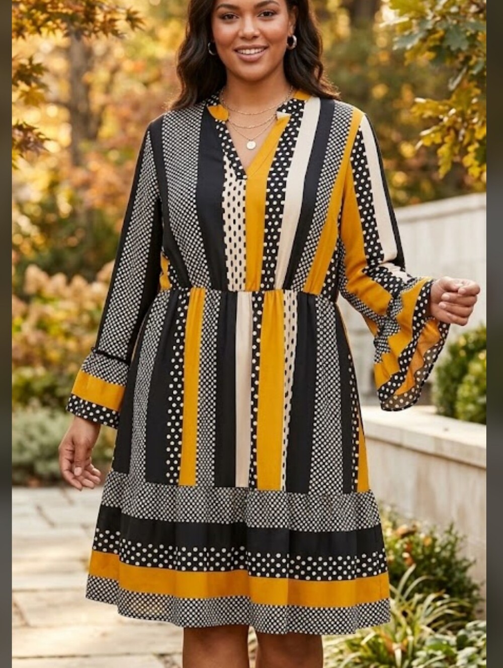 Plus Size 1X-2X Midi Dress Lightweight Mixture Of Polka Dots & Stripes Fall Hues